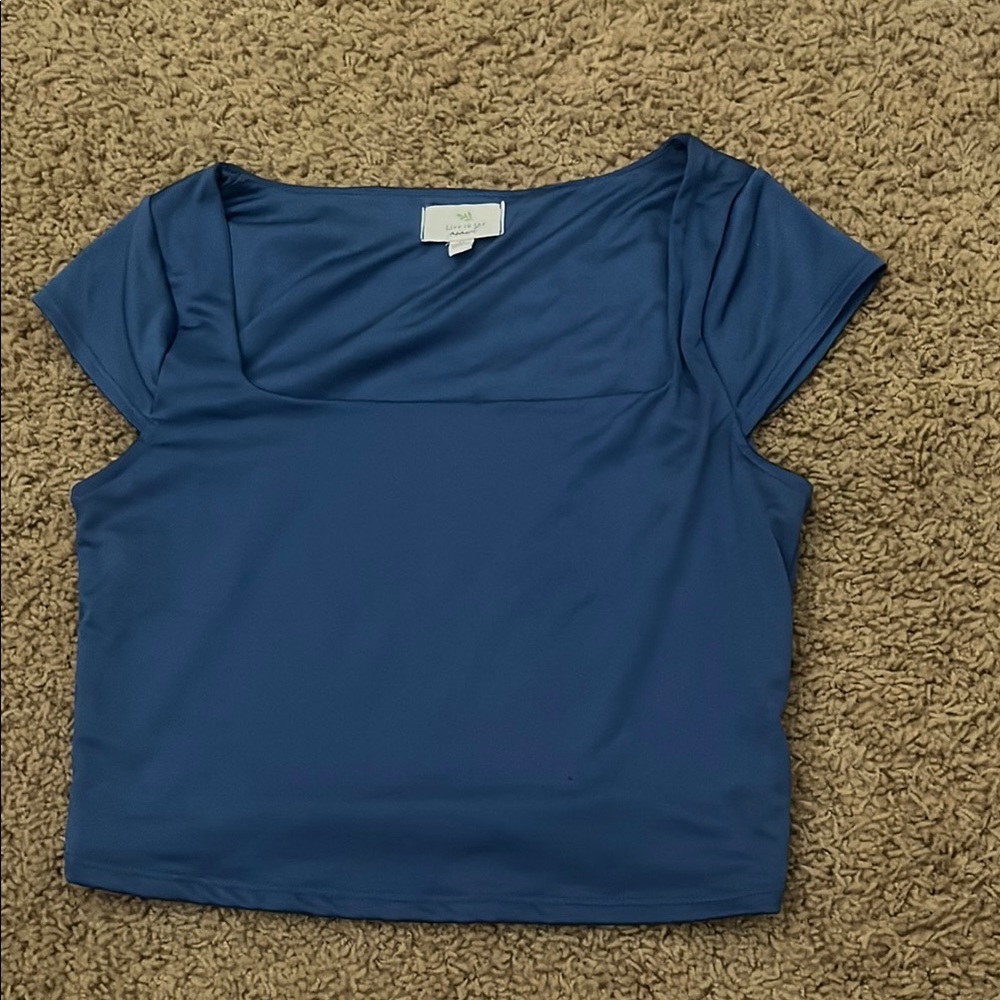 Blue Asymmetrical Cap Sleeve Crop Top